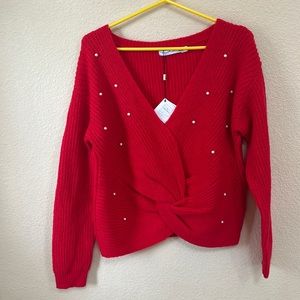 By Egreis Women twist faux pearl red sweater , size M